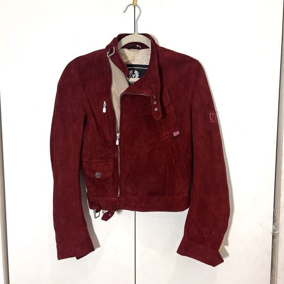 Belstaff The Aviator Suede Jacket Womens Genuine Leather Burgundy Mesh Detail 42 - Picture 2 of 12